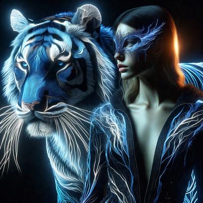 The primary subject of the image is a woman wearing a mask, standing next to a tiger. The setting appears to be a dark, possibly futuristic environment. The visual style of the image is digital art, as it features a woman with a blue and white color scheme, and the tiger is also depicted in a digital art style. The overall atmosphere of the image is mysterious and intriguing, with the woman's mask and the tiger's presence creating a sense of wonder and curiosity.